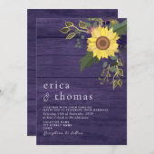 Zonnebloem Rustic Paars bruiloft Kaart (Voorkant / Achterkant)