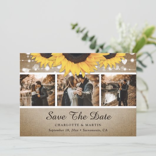 Zonnebloem Rustic Wood Lights Weddenfoto Save The Date (Staand voorkant)