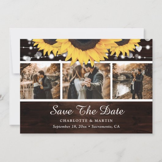 Zonnebloem Rustic Wood Lights Weddenfoto Save The Date (Voorkant)