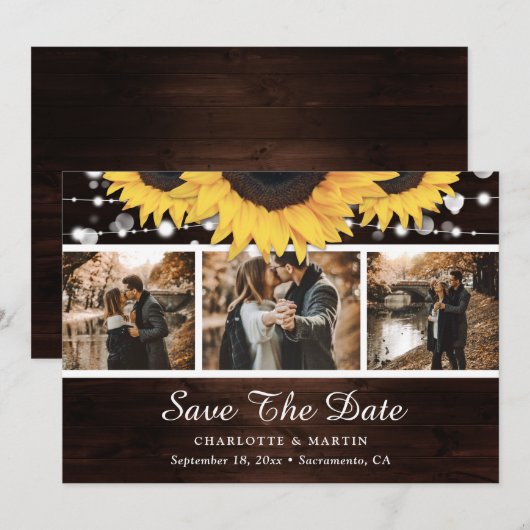 Zonnebloem Rustic Wood Lights Weddenfoto Save The Date (Voorkant / Achterkant)