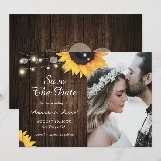 Zonnebloem Rustic Wood String Lights Weddenfoto Save The Date (Voorkant / Achterkant)