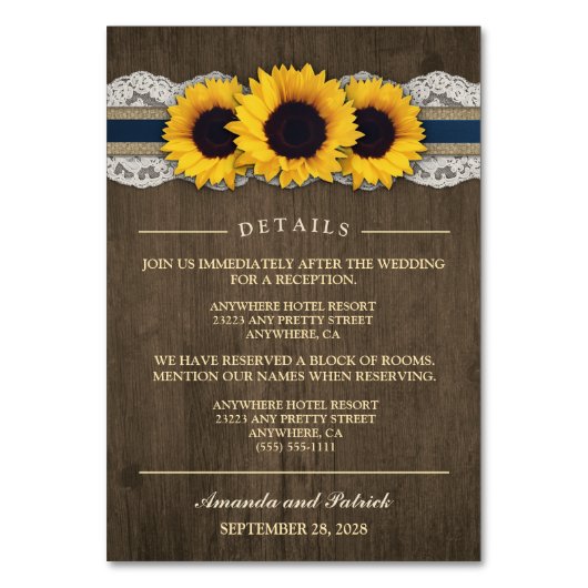 Zonnebloem Rustiek Blauw Receptie + Hotel Kaarten (Voorkant)