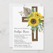 Zonnebloem Rustiek Boho Houten Kruis Doop Kaart (Voorkant)