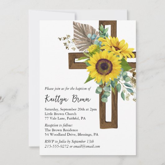 Zonnebloem Rustiek Boho Houten Kruis Doop Kaart (Voorkant)