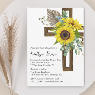 Zonnebloem Rustiek Boho Houten Kruis Doop Kaart