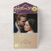 Zonnebloem Rustiek Elegante Paarse bruiloft All In One Uitnodiging (Buitenkant)