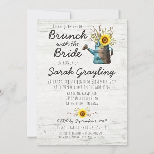 Zonnebloem & Rustiek Hout Bruids Brunch Uitnodigin Kaart (Voorkant)