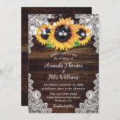 Zonnebloem Rustiek Hout Kant String Lights Wedding Kaart (Voorkant / Achterkant)