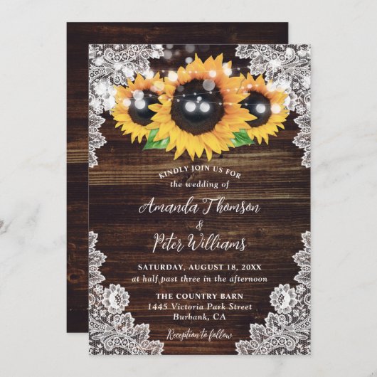 Zonnebloem Rustiek Hout Kant String Lights Wedding Kaart (Voorkant / Achterkant)