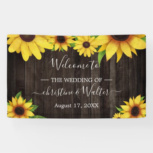 Zonnebloem Rustiek Hout String Lights Trouwfeest Spandoek (Horizontaal)