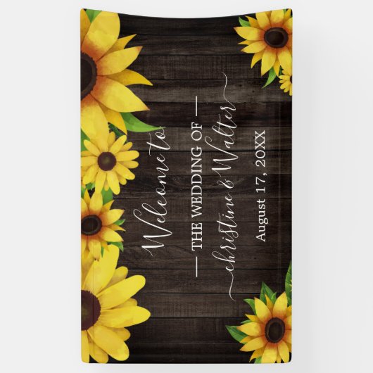 Zonnebloem Rustiek Hout String Lights Trouwfeest Spandoek (Verticaal)