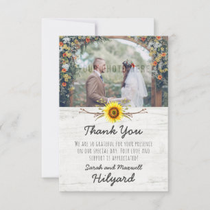 Zonnebloem & Rustiek Houten Boerderij Bruiloft Bed Bedankkaart