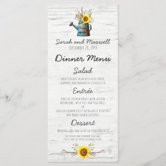 Zonnebloem & Rustiek Houten Boerderij Bruiloft Din Menu (Voorkant)