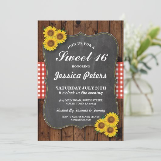 Zonnebloem Rustiek Zoet 16 Party Krijt Hout Uitnod Kaart (Staand voorkant)