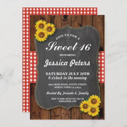 Zonnebloem Rustiek Zoet 16 Party Krijt Hout Uitnod Kaart (Voorkant / Achterkant)