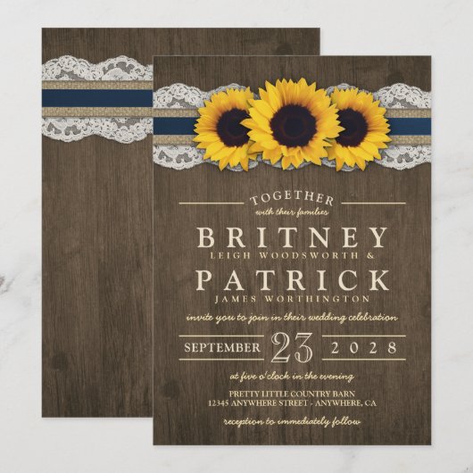 Zonnebloem rustieke blauwe burlap bruiloft uitnodi kaart (Voorkant / Achterkant)
