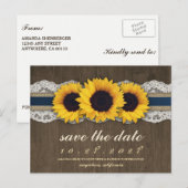 Zonnebloem rustieke blauwe jute bewaar de datumkaa aankondigingskaart (Voorkant / Achterkant)