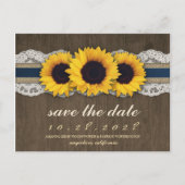 Zonnebloem rustieke blauwe jute bewaar de datumkaa aankondigingskaart (Voorkant)