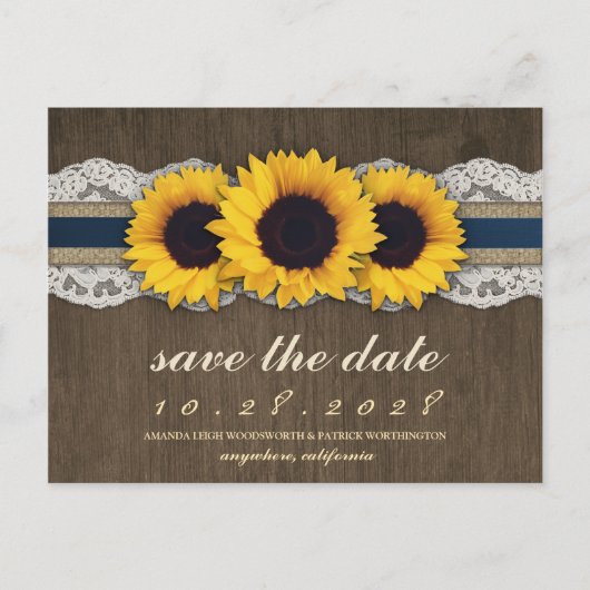 Zonnebloem rustieke blauwe jute bewaar de datumkaa aankondigingskaart (Voorkant)