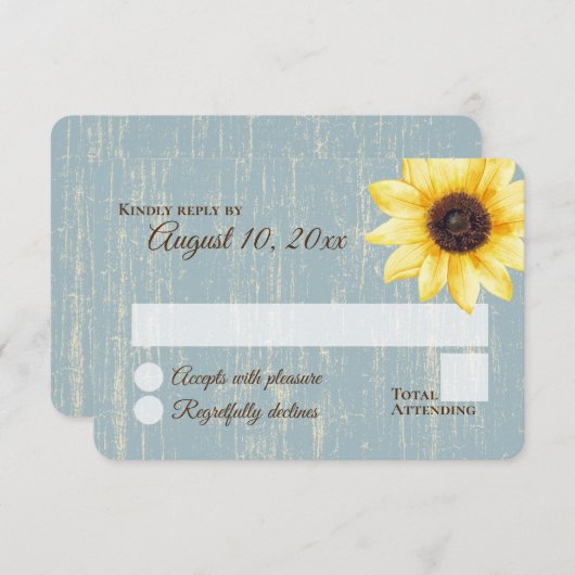 Zonnebloem Rustieke Blauwe Schuur Bruiloft Reactie Kaart (Voorkant / Achterkant)