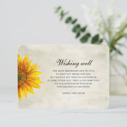 Zonnebloem. Rustieke bloem bruiloft wensen goed Informatiekaartje (Staand voorkant)