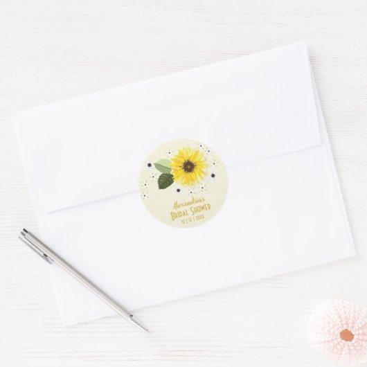 Zonnebloem Rustieke Bloemen Linnen Bruiloft Custom Ronde Sticker (Envelop)