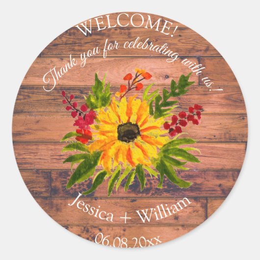 Zonnebloem Rustieke Bloemen Waterverf Houten Bruil Ronde Sticker (Voorkant)