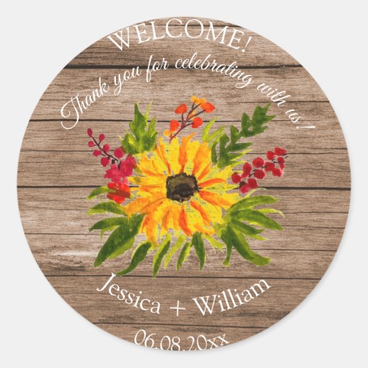 Zonnebloem Rustieke Bloemen Waterverf Houten Bruil Ronde Sticker (Voorkant)
