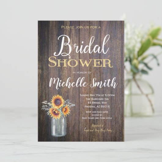 Zonnebloem Rustieke Bruids Douche Uitnodiging, Rus Kaart (Staand voorkant)