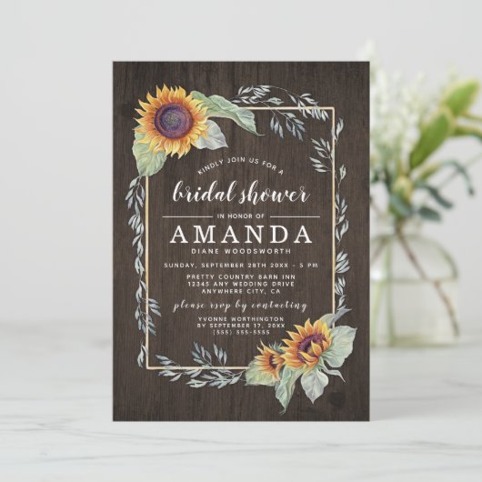 Zonnebloem rustieke bruids douche uitnodigingen (Staand voorkant)