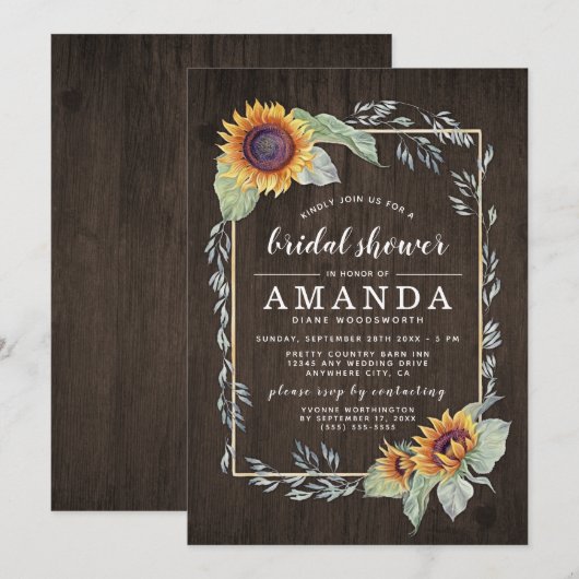 Zonnebloem rustieke bruids douche uitnodigingen (Voorkant / Achterkant)