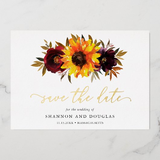 Zonnebloem rustieke elegante bruiloft Bewaar de da Folie Uitnodiging (Voorkant)