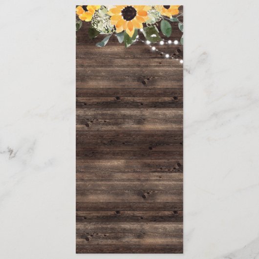 Zonnebloem rustieke eucalyptus hout bruiloft menu (Achterkant)