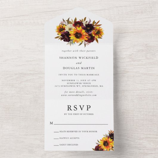 Zonnebloem rustieke Herfst bloemenelegante bruilof All In One Uitnodiging (Binnen)