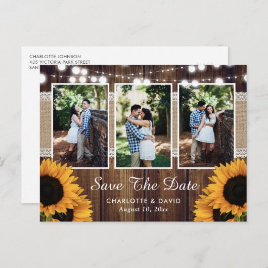 Zonnebloem rustieke hout foto opslaan van de datum aankondigingskaart (Voorkant / Achterkant)