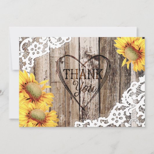 Zonnebloem rustieke hout kant en hart dank u bedankkaart (Voorkant)