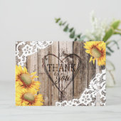 Zonnebloem rustieke hout kant en hart dank u bedankkaart (Staand voorkant)