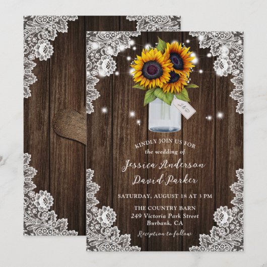 Zonnebloem Rustieke Hout Mason Jar Bruiloft Kaart (Voorkant / Achterkant)
