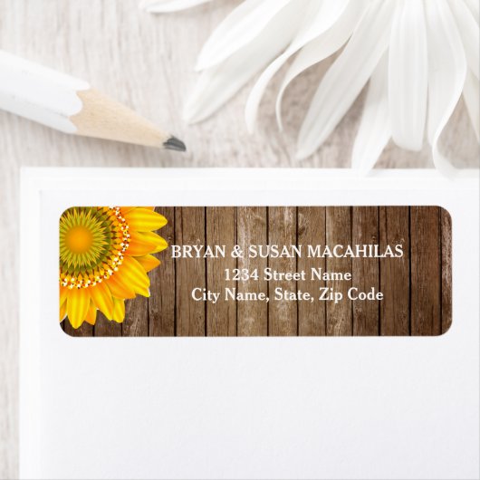 Zonnebloem rustieke  hout retour adres label (Insitu)