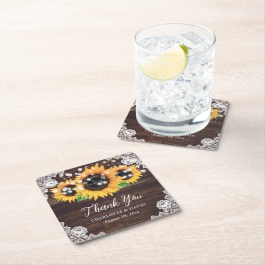 Zonnebloem rustieke houten kant bruiloft dank u kartonnen onderzetters (Insitu)