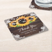 Zonnebloem rustieke houten kant bruiloft dank u kartonnen onderzetters (Schuin)