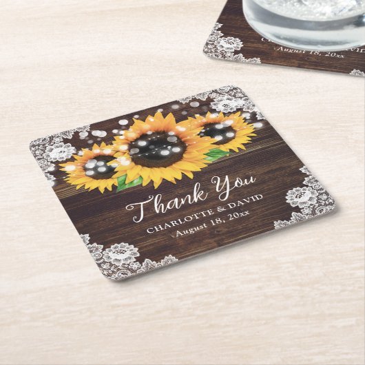 Zonnebloem rustieke houten kant bruiloft dank u kartonnen onderzetters (Schuin)