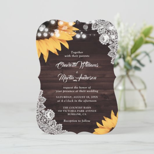Zonnebloem Rustieke Houten Kant Monogram Bruiloft Kaart (Staand voorkant)