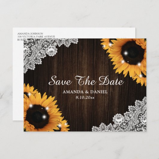 Zonnebloem Rustieke Houten Kant Trouw Save The Dat Aankondigingskaart (Voorkant / Achterkant)