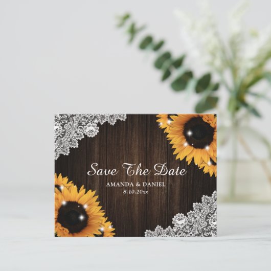 Zonnebloem Rustieke Houten Kant Trouw Save The Dat Aankondigingskaart (Staand voorkant)