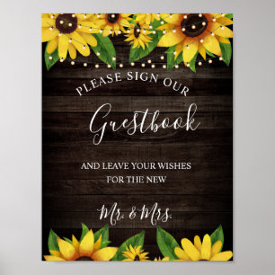 Zonnebloem Rustieke Houten String Trouw Gastboek Poster