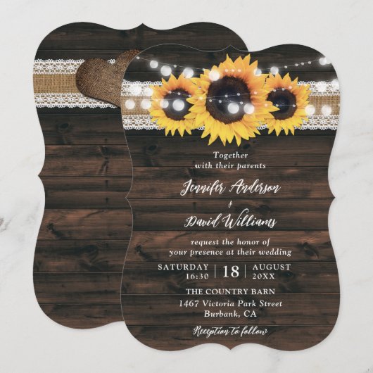Zonnebloem rustieke land hout bruiloft kaart (Voorkant / Achterkant)