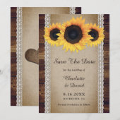 Zonnebloem rustieke land hout jute kant bruiloft save the date (Voorkant / Achterkant)