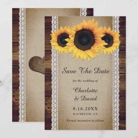 Zonnebloem rustieke land hout jute kant bruiloft save the date (Voorkant / Achterkant)