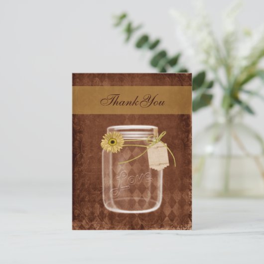 Zonnebloem rustieke mason jar bruiloft dank u briefkaart (Staand voorkant)